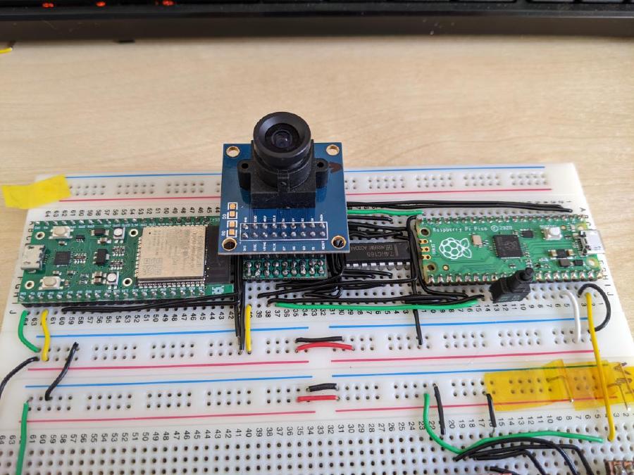 Densely packed breadboard with ESP32, Pico and camera